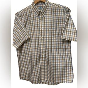 Jos. A. Banks, Short Sleeve Shirt, Mens Large, Blue/Tan Plaid, 100% Cotton